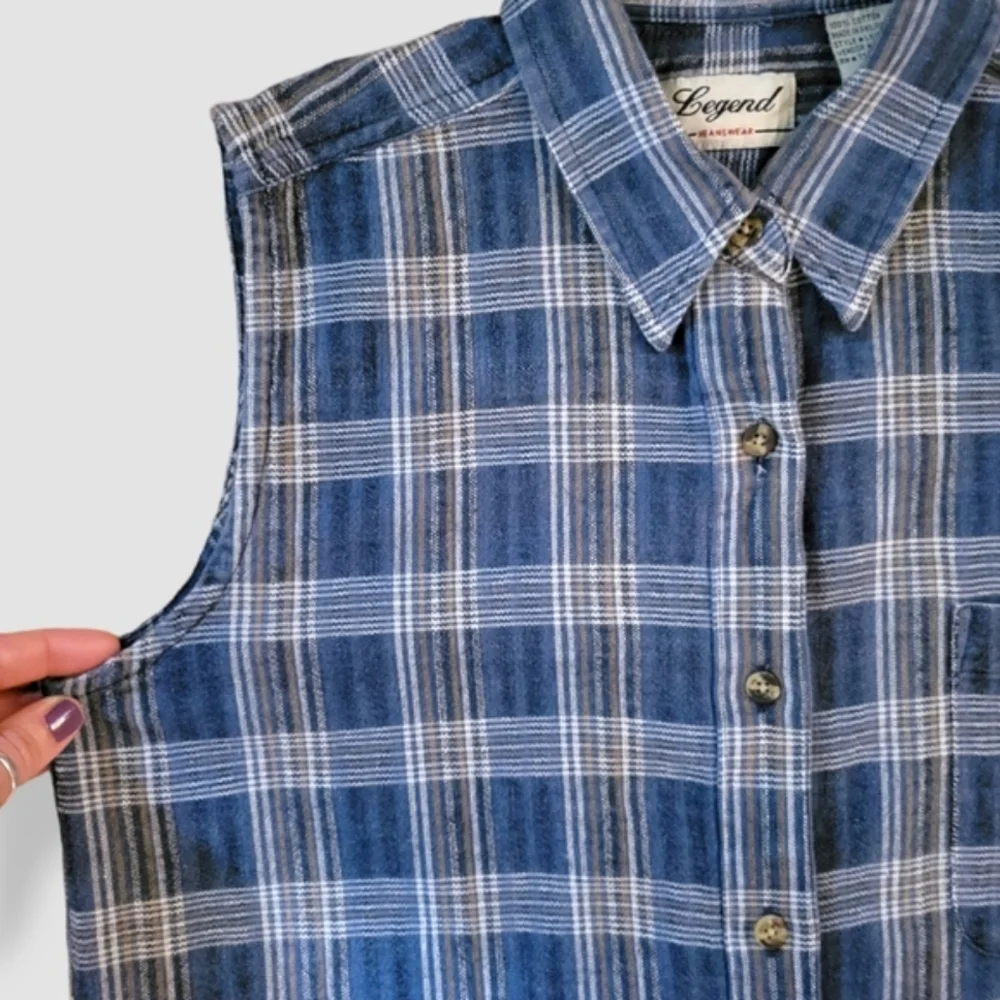VINTAGE 1990s LEGEND JEANSWEAR Sleeveless Button Down Plaid Top Denim Blue - Picture 2 of 11